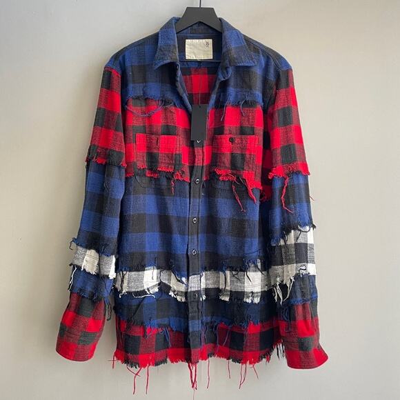 R13 Pieced Navy Red Ecru Buffalo Plaid Button Up Shirt Size Large NWT - Picture 3 of 7